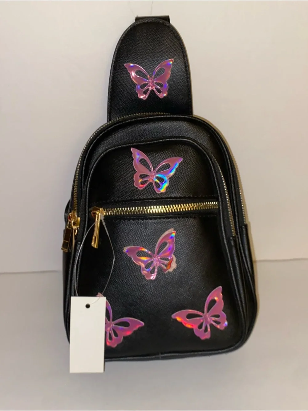 Black Mini Crossbody Bag with Holographic Butterfly Accents